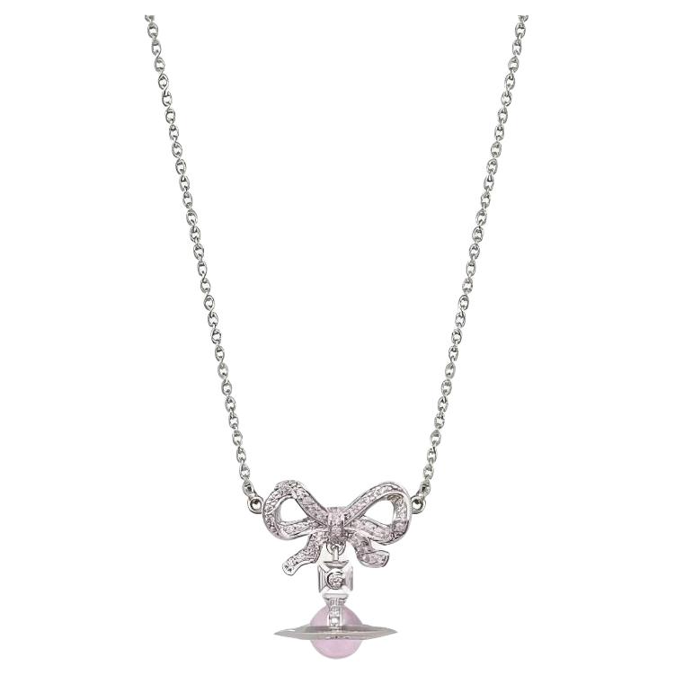 Vivienne Westwood Octavie Pink Saturn Bow Necklace Unisex Silver-Pink Couples Gift 6303002701P356