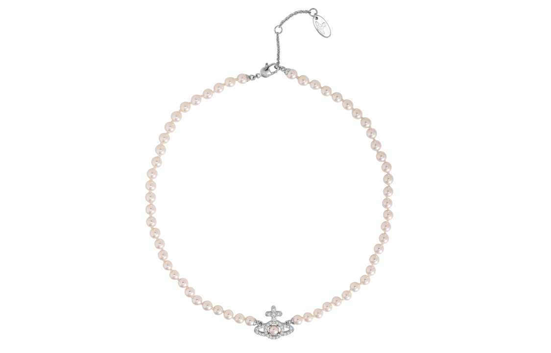 Vivienne Westwood Olympia Pearl Cross Saturn Platinum Necklace Unisex Silver. 6301011P02P373
