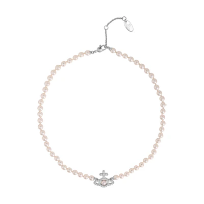 Vivienne Westwood Olympia Pearl Cross Saturn Platinum Necklace Unisex Silver. 6301011P02P373