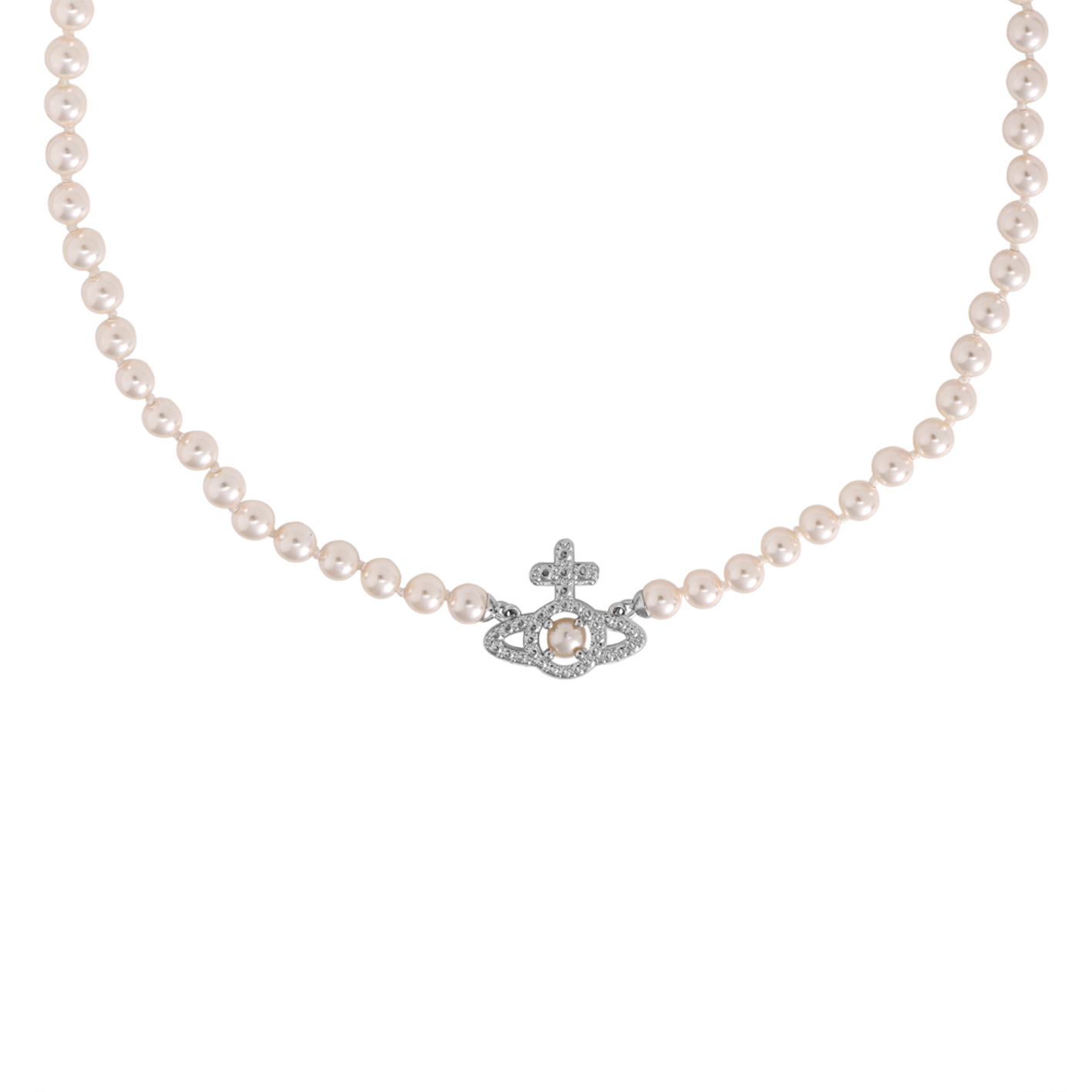 Shop 薇薇安·魏斯伍德奧林匹亞珍珠十字土星鉑金項鍊 男女銀色款 6301011P02P373