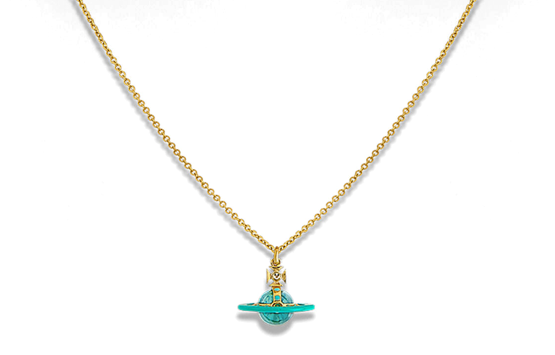 Lookbook 薇薇安·魏斯伍德金鍊藍綠球男女款小號星球吊墜項鍊 6302039J-02R726-IM-GOLD