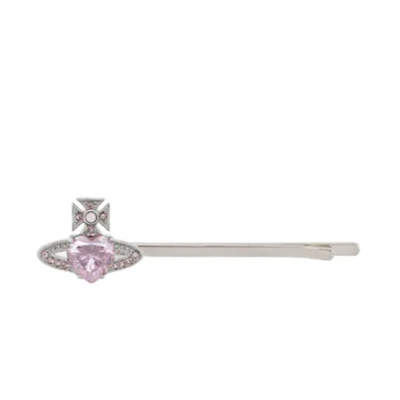 Vivienne Westwood Pink/Silver Heart Saturn Rhinestone Hair Clip Unisex Couple Style 6703000P02P459