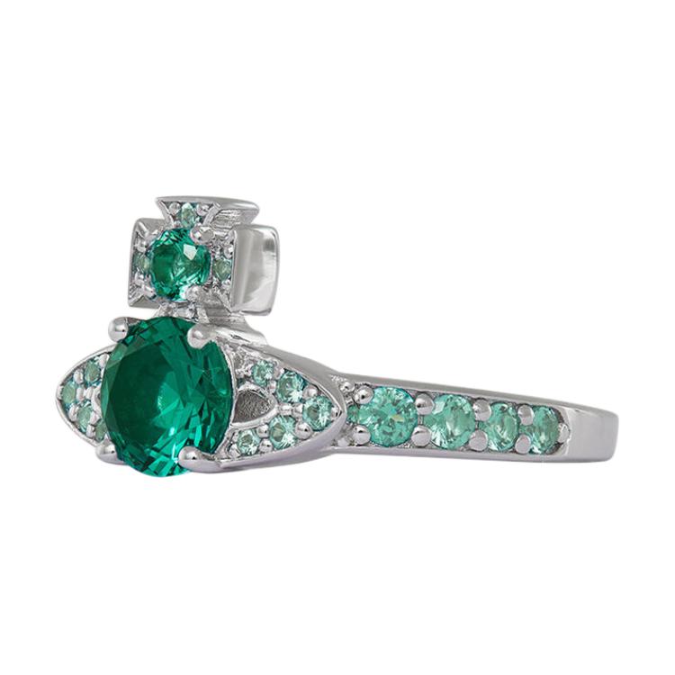 Vivienne Westwood Saturn Design Green Crystal Ring Unisex Couple Silver/Green 6404017L-01P427