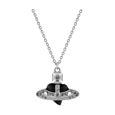 Vivienne Westwood Silver/Black Diamante Enamel Heart Saturn Necklace Unisex Couples. 8050889844419