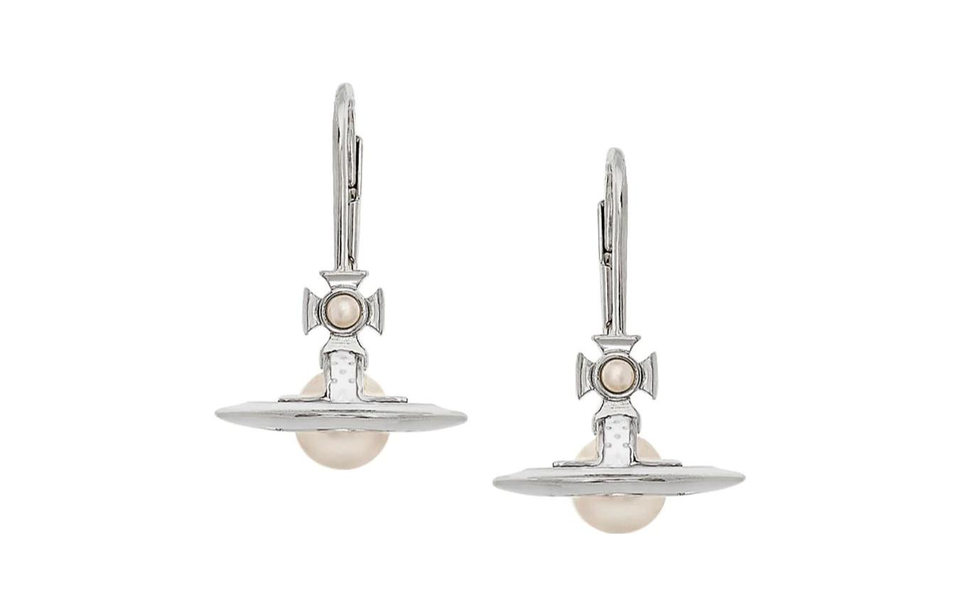 Vivienne Westwood Simonetta Saturn Pendant Platinum Pearl Enamel Unisex Earrings. 62020115-02P113-CN