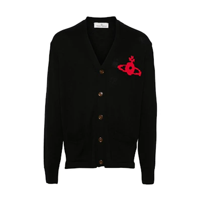 Vivienne Westwood SS24 Black Logo V-Neck Button-Up Knit Sweater. 27010014Y002M