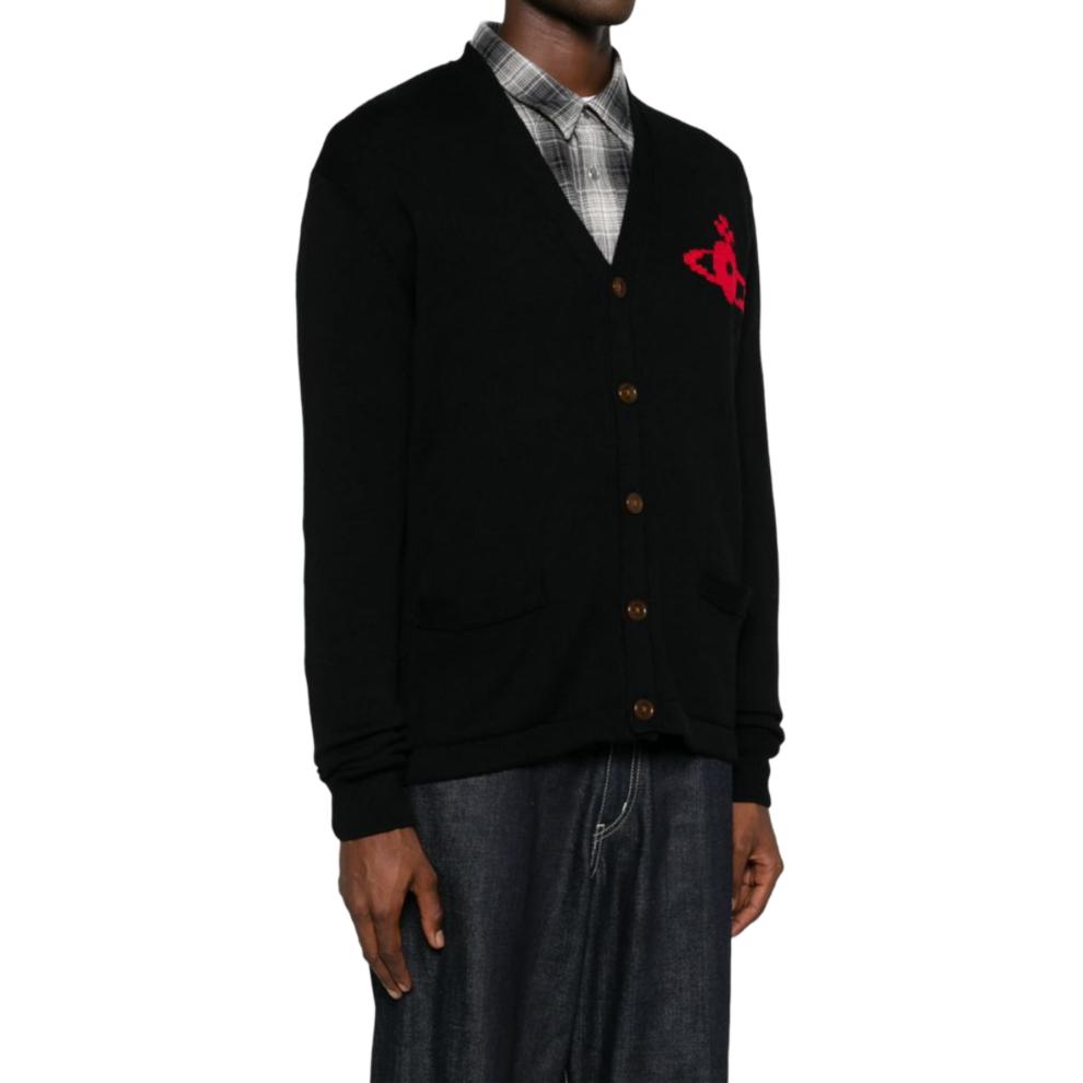 Purchase Vivienne Westwood SS24 Sweater Rajut Hitam V-Neck Logo Kancing Depan. 27010014Y002M