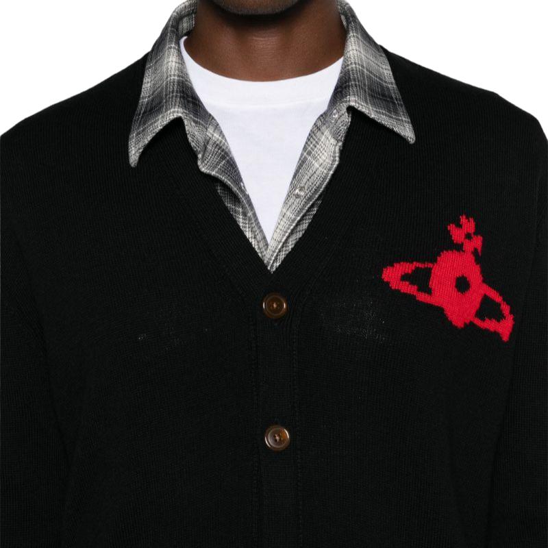 Details for Vivienne Westwood SS24 Sweater Rajut Hitam V-Neck Logo Kancing Depan. 27010014Y002M