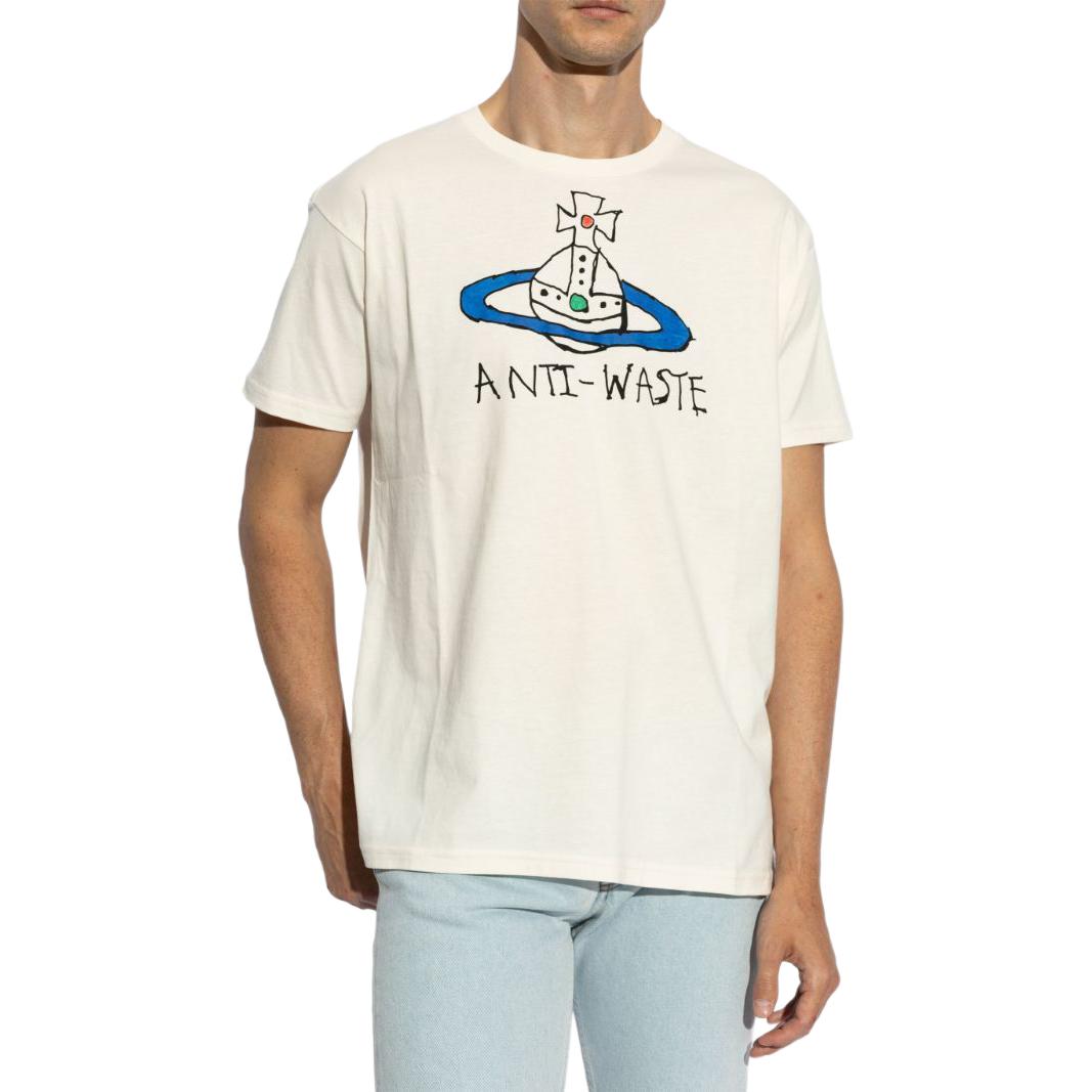 Shop ヴィヴィアン・ウエストウッド SS24 ホワイト クルーネック レタープリント Tシャツ 3G010021J001M