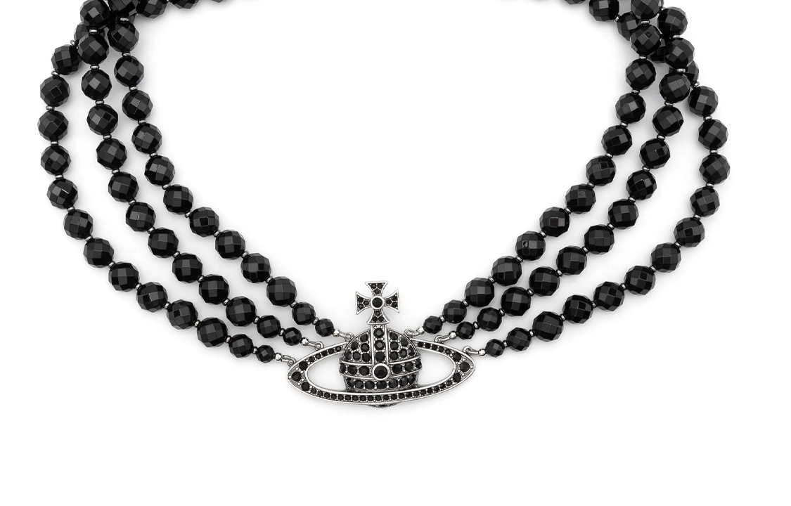 Vivienne Westwood Three Row Messaline Black Pearl Necklace Gunmetal Grey Unisex 6301011E02Q116CN
