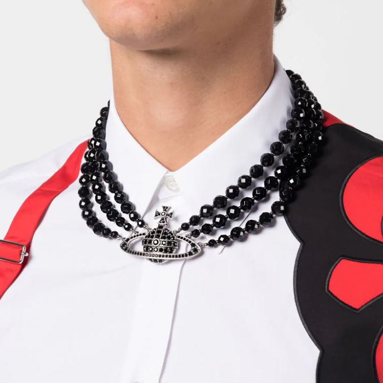 Shop Vivienne Westwood 三層黑珍珠項鍊 鎳灰色 中性款 6301011E02Q116CN