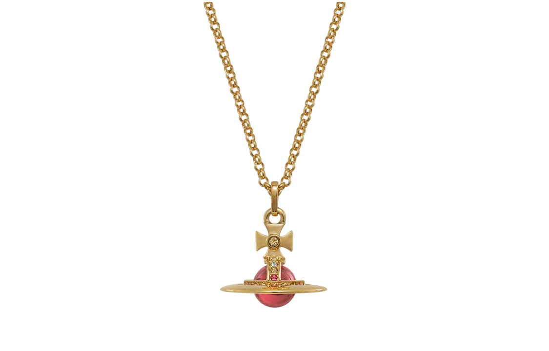 Vivienne Westwood Tiny Orb Saturn Pendant Necklace Unisex Gold Transparent Red. 6302022402R513
