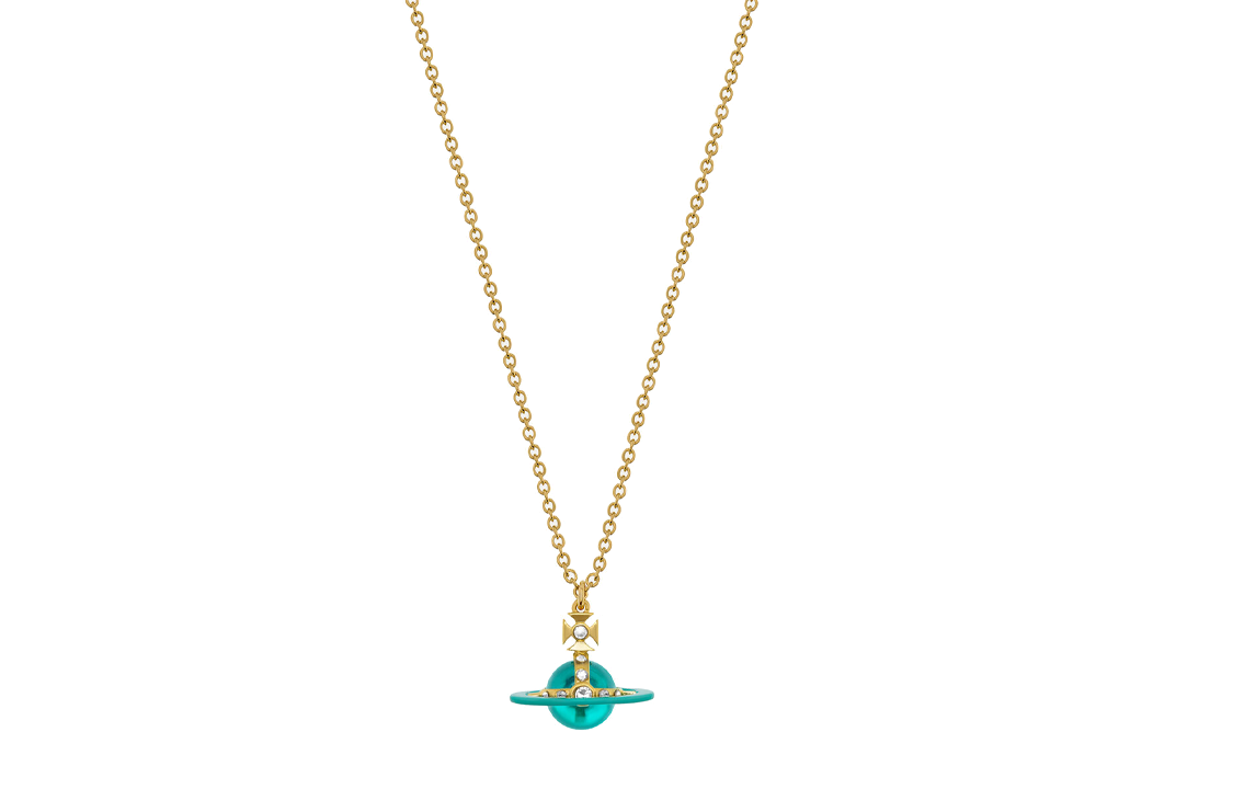 Vivienne Westwood Tiny Orb Turquoise Crystal Pendant Necklace Unisex Gold. 8050889744252
