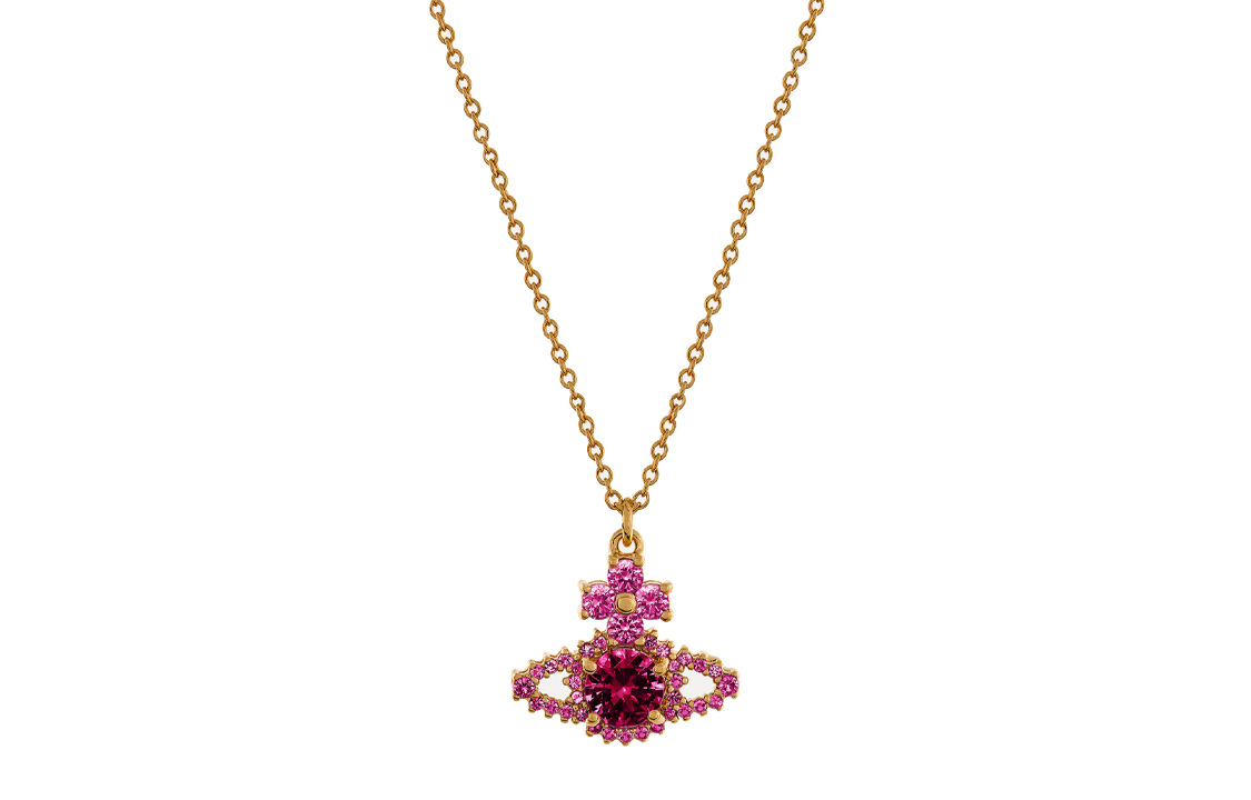 Vivienne Westwood Valentina Saturn Logo Pendant Necklace Gold Red Gem Unisex 8050889743026