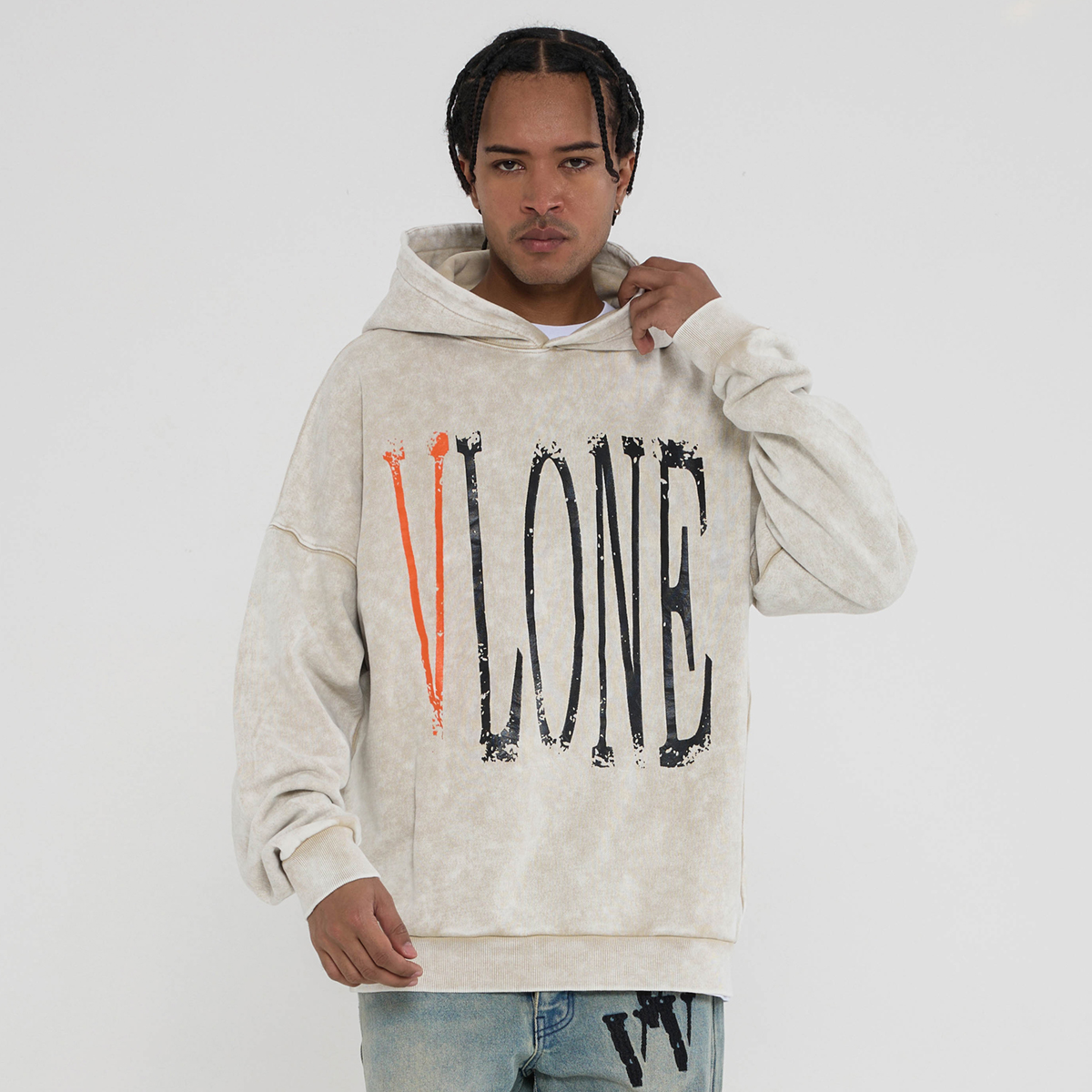 Purchase Vlone 破壞式寬鬆復古刷洗連帽衫 男女適用 VLHD24003-BE