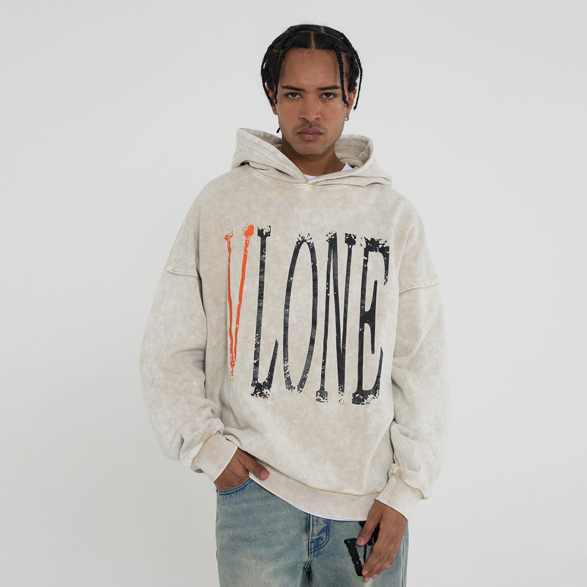 Sizing Vlone 破壞式寬鬆復古刷洗連帽衫 男女適用 VLHD24003-BE