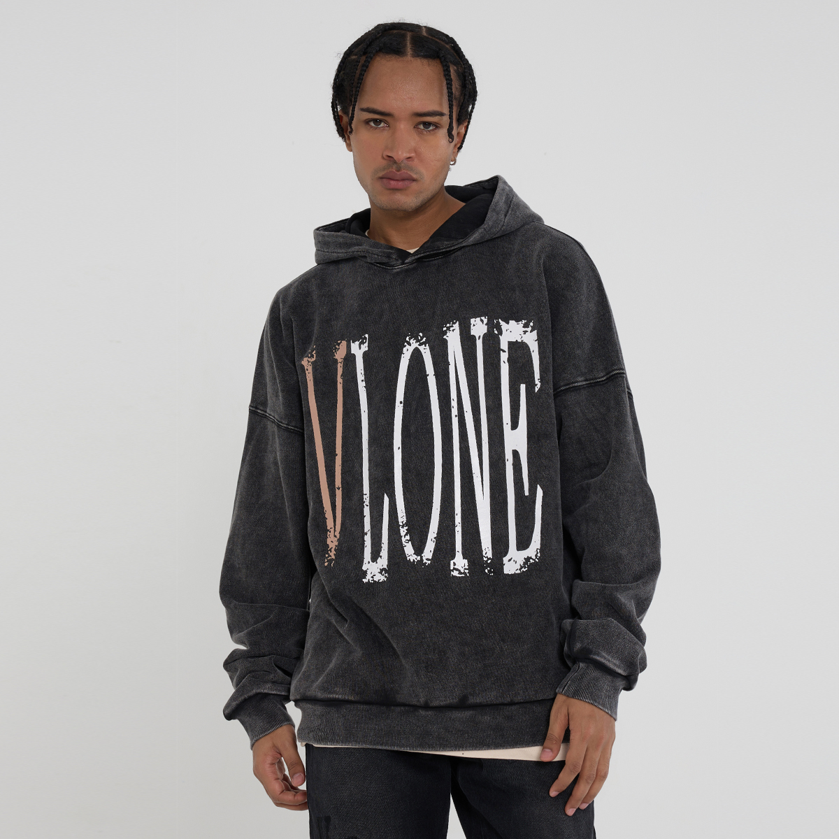 Purchase Vlone 復古大Logo水洗寬鬆連帽衫 男女通用 VLHD24003-BK