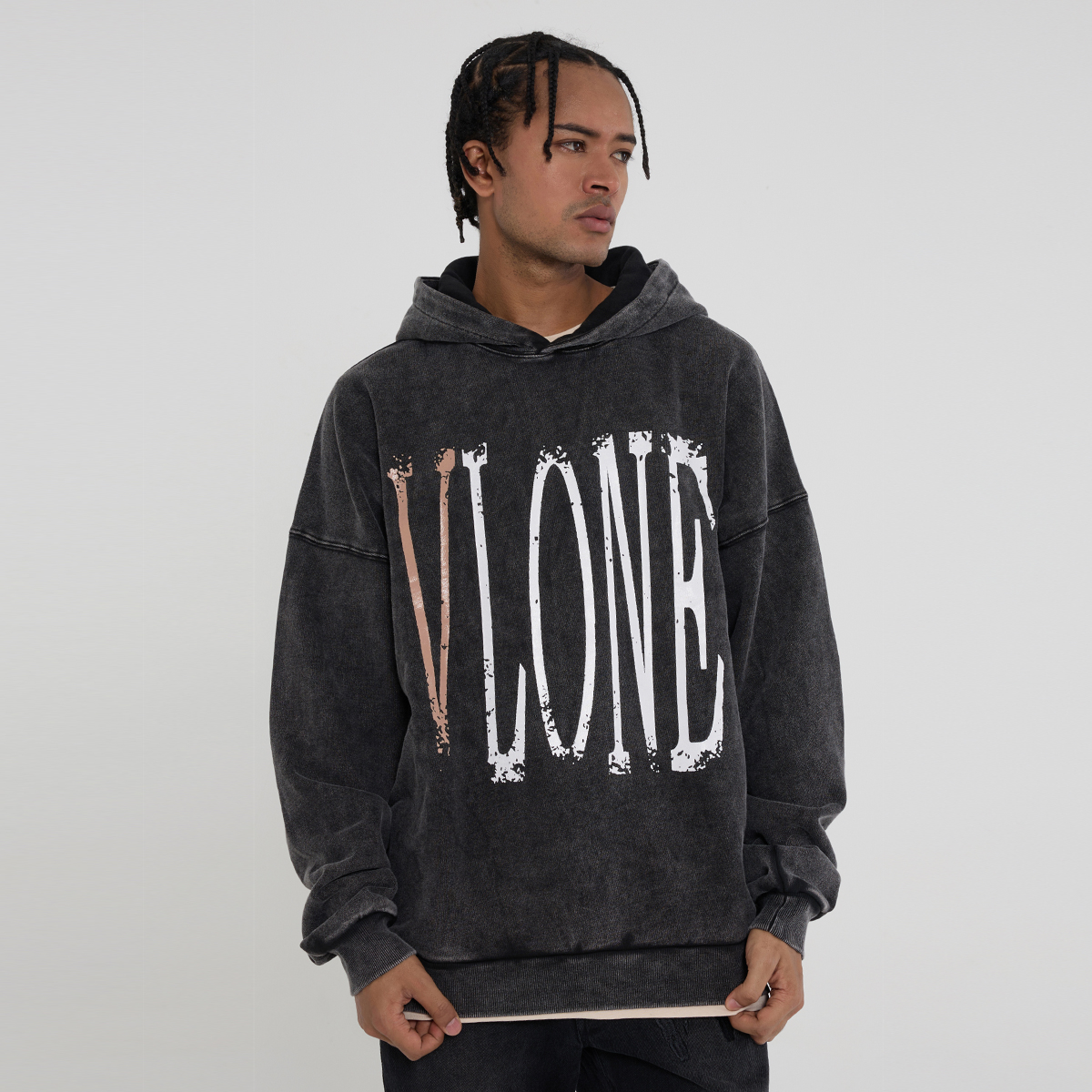 Sizing Vlone 復古大Logo水洗寬鬆連帽衫 男女通用 VLHD24003-BK