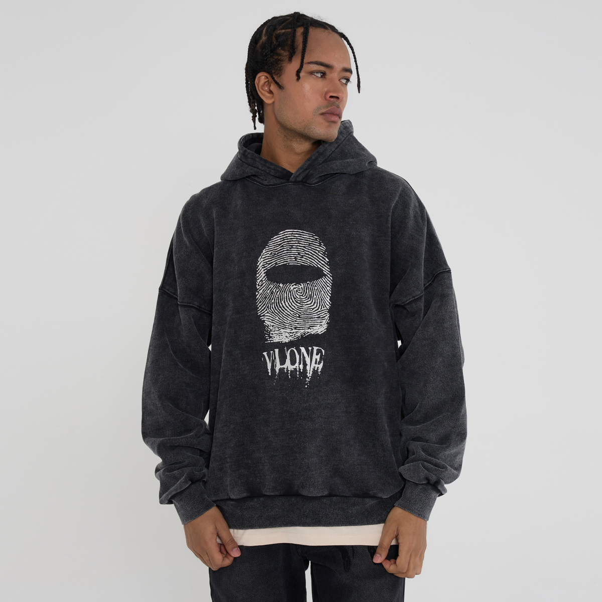 Purchase Vlone 指紋大logo水洗寬版連帽衫 男女適穿 VLHD24004-BK