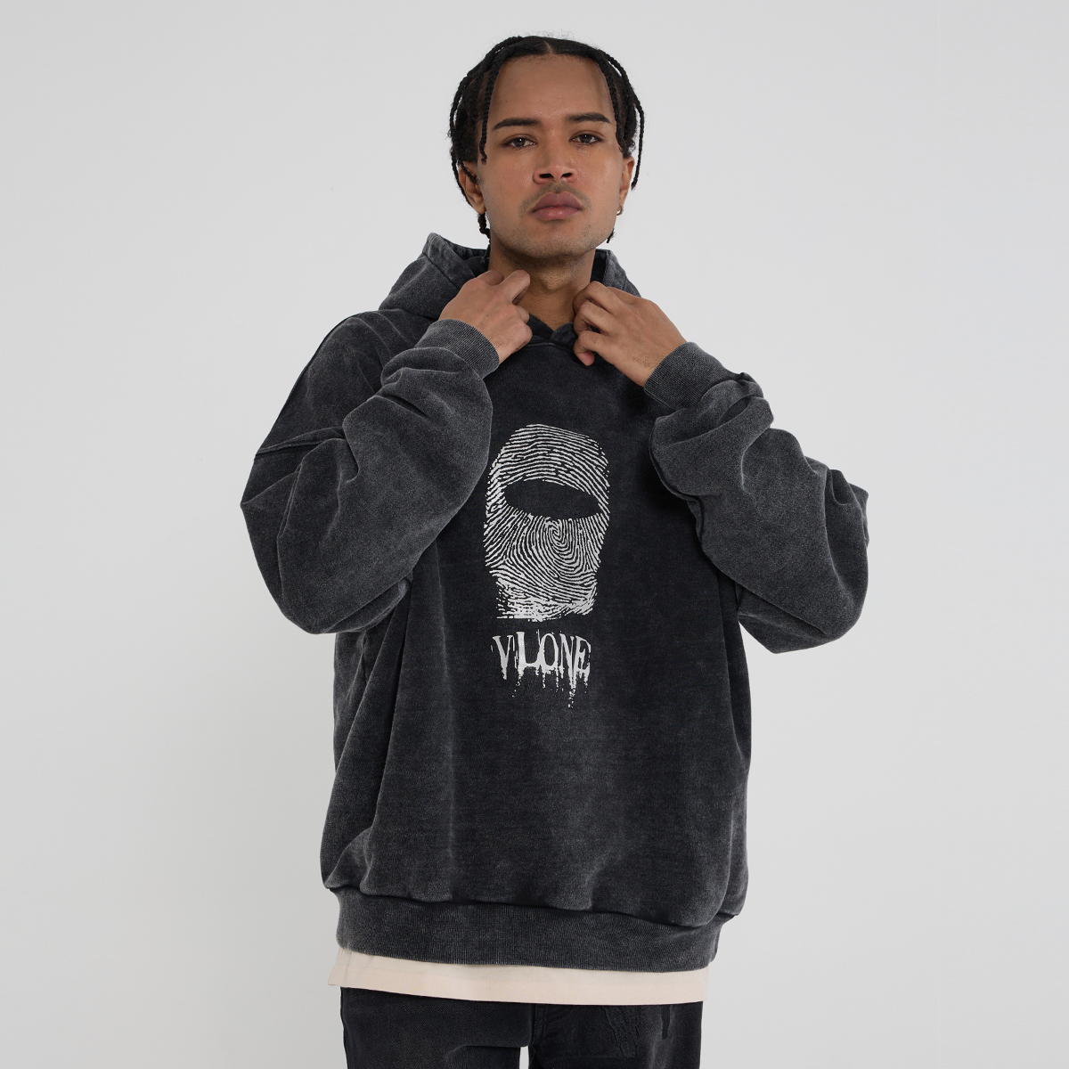 Sizing Vlone 指紋大logo水洗寬版連帽衫 男女適穿 VLHD24004-BK