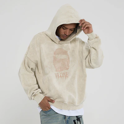 Vlone 指紋標誌寬鬆版連帽上衣 男女適穿 - 復古洗舊舒適款披頭帽衫 VLHD24004-BE 3