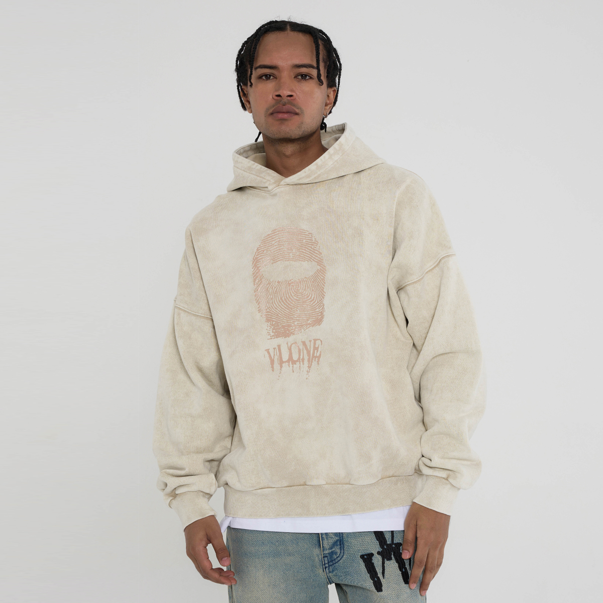 Purchase Vlone 指紋標誌寬鬆版連帽上衣 男女適穿 - 復古洗舊舒適款披頭帽衫 VLHD24004-BE