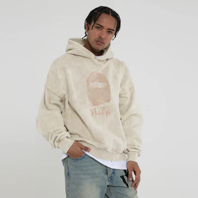 Vlone 指紋標誌寬鬆版連帽上衣 男女適穿 - 復古洗舊舒適款披頭帽衫 VLHD24004-BE Sizing Vlone 指紋標誌寬鬆版連帽上衣 男女適穿 - 復古洗舊舒適款披頭帽衫 VLHD24004-BE
