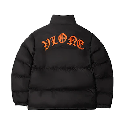 VLONE Gothic Embroidered Collar Puffer Jacket Black Orange Unisex Winterwear. VLCT21003