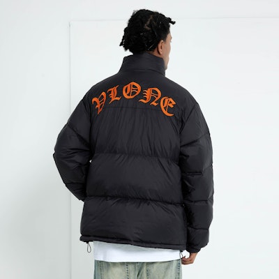 VLONE Gothic Embroidered Collar Puffer Jacket Black Orange Unisex Winterwear. VLCT21003 Details for VLONE Gothic Embroidered Collar Puffer Jacket Black Orange Unisex Winterwear. VLCT21003