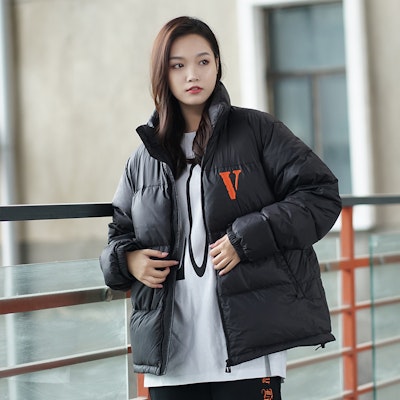 VLONE Gothic Embroidered Collar Puffer Jacket Black Orange Unisex Winterwear. VLCT21003 1