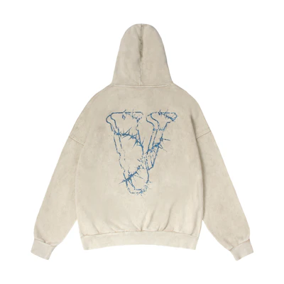Vlone Thorn Big Logo Hoodie Beige Unisex Pullover Style Washed Loose Fit VLHD24002-BE