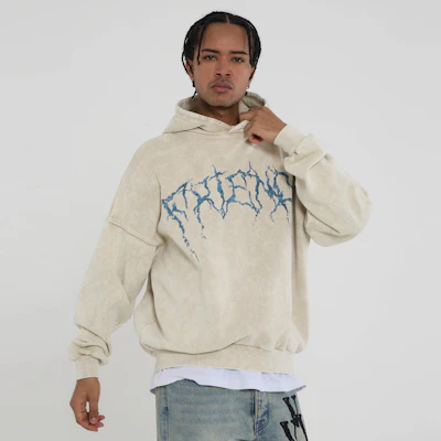 Vlone Thorn 大Logo連帽衫 米色 男女款 寬鬆復古洗舊風格 VLHD24002-BE Cheap Vlone Thorn 大Logo連帽衫 米色 男女款 寬鬆復古洗舊風格 VLHD24002-BE