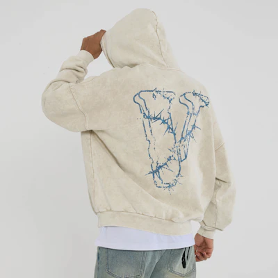 Vlone Thorn 大Logo連帽衫 米色 男女款 寬鬆復古洗舊風格 VLHD24002-BE 1