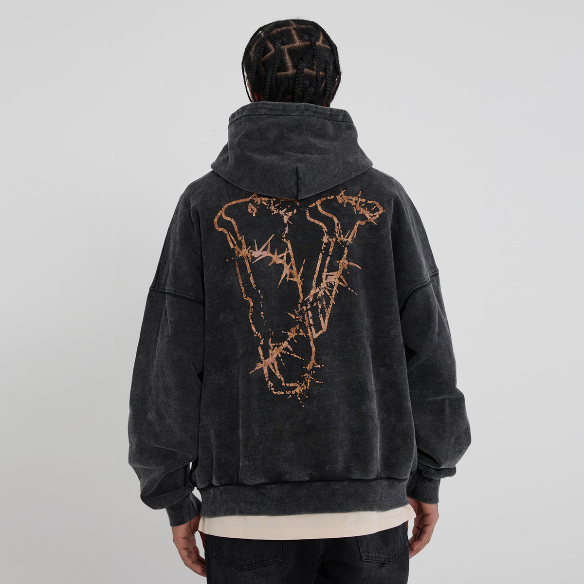 Shop Hoodie Vlone Washed Loose Fit Unisex Pullover VLHD24002-BK