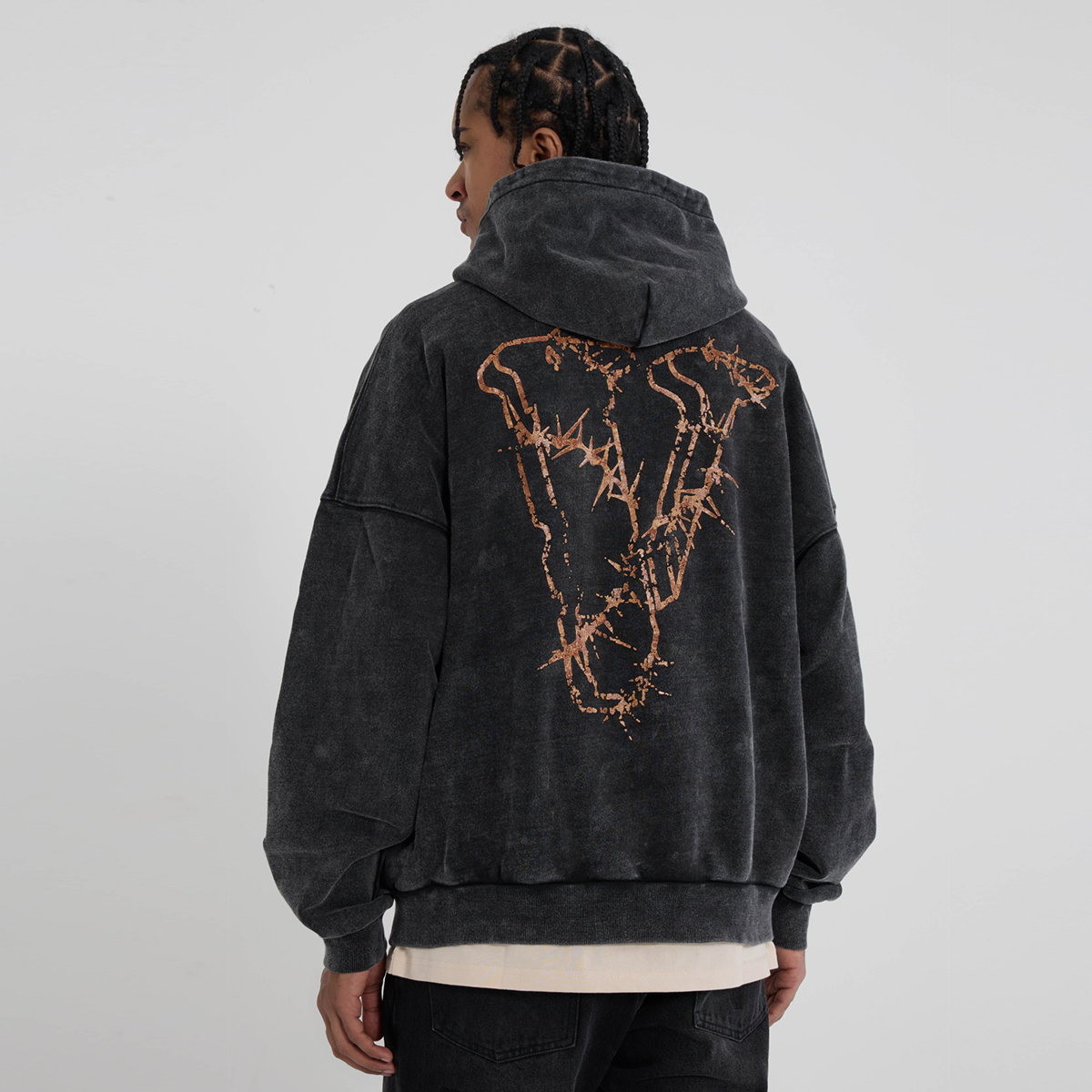 Sizing Hoodie Vlone Washed Loose Fit Unisex Pullover VLHD24002-BK