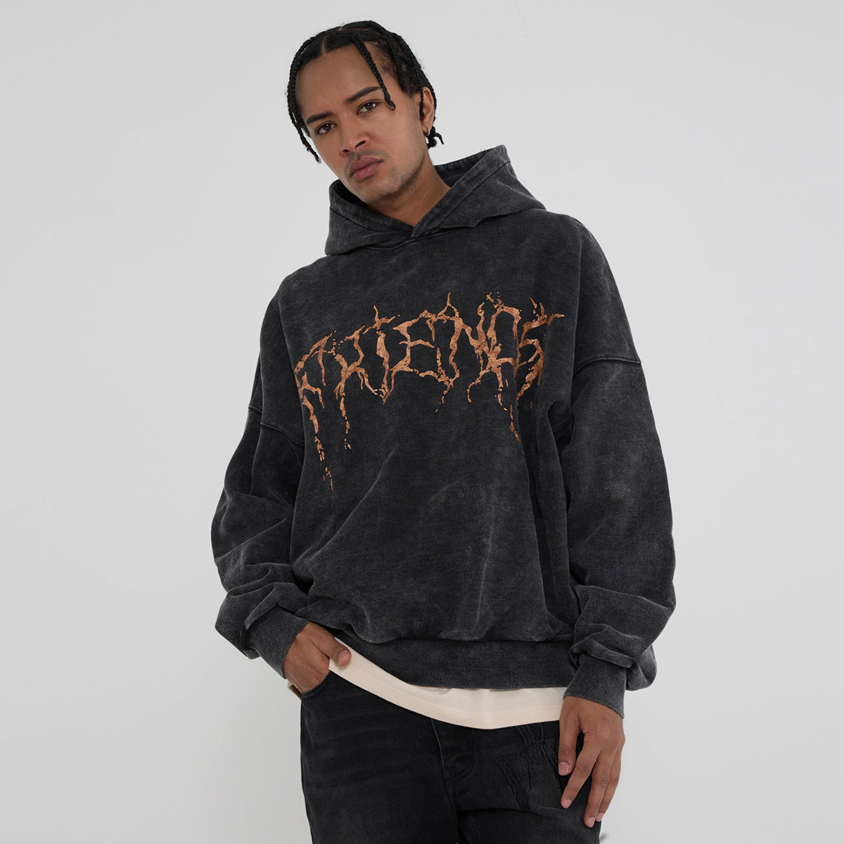 Cheap Hoodie Vlone Washed Loose Fit Unisex Pullover VLHD24002-BK