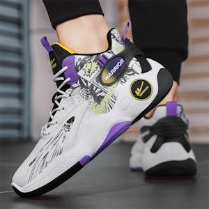 Warrior回力 经典國潮 塗鴉 減震防滑耐磨 高幫 籃球鞋 男款 白黑紫 4