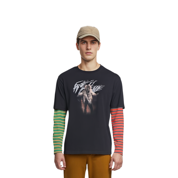 Lookbook WE11DONE Camiseta Negra de Manga Larga con Costuras Contraste y Cuello Redondo. WD-TT0-24-877-U-MX