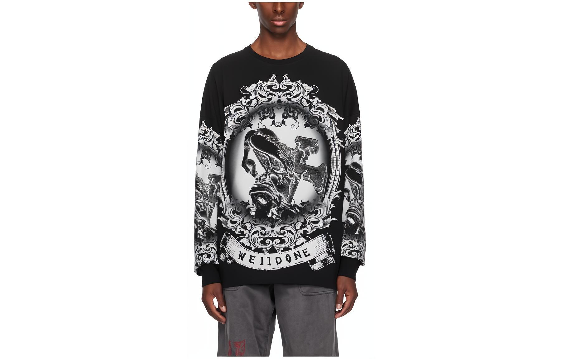 WE11DONE  Black Crewneck Printed Long Sleeve T-Shirt WD-TT3-23-759-U-BK