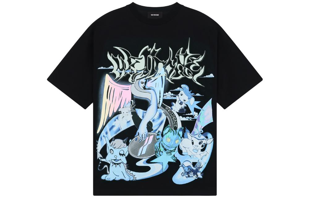 WE11DONE  Black T-Shirt with Angel Cartoon Graphic Print WD-TT3-23-786-U-BK