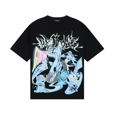 WE11DONE Black T-Shirt with Angel Cartoon Graphic Print WD-TT3-23-786-U-BK