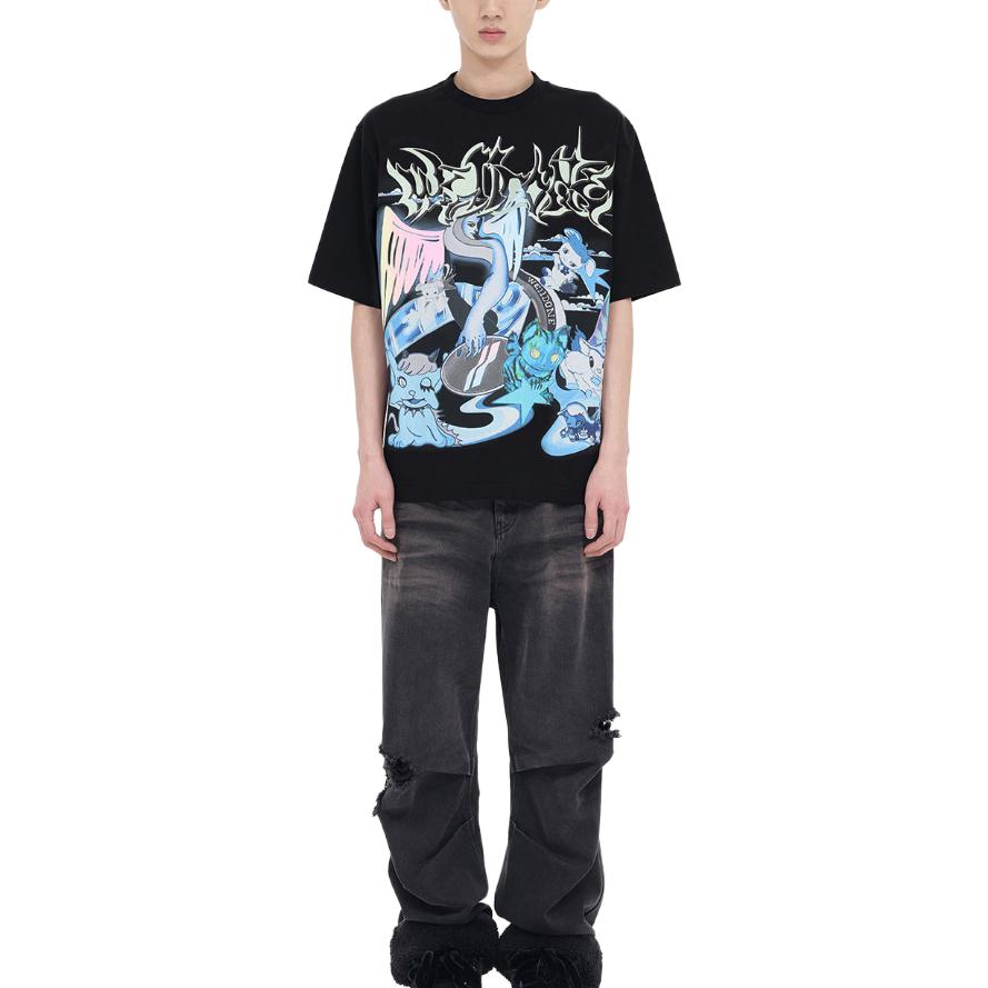 WE11DONE  Black T-Shirt with Angel Cartoon Graphic Print WD-TT3-23-786-U-BK 圖 4