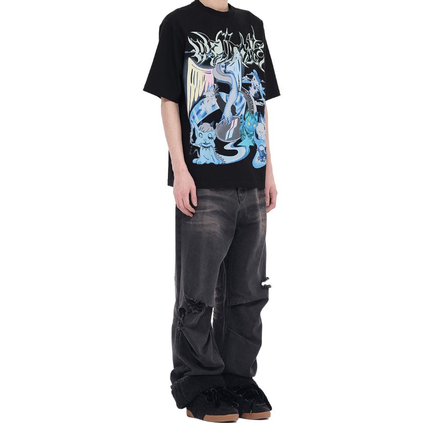 WE11DONE  Black T-Shirt with Angel Cartoon Graphic Print WD-TT3-23-786-U-BK 圖 6