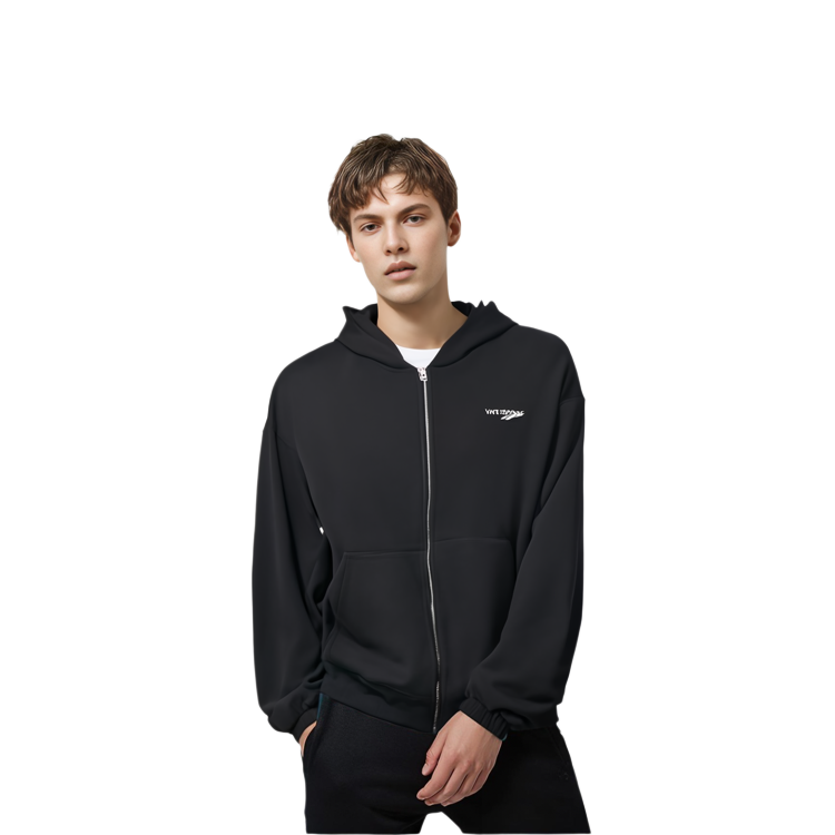 Shop WE11DONE 黑色拉鍊連帽衫 素色搭配字母印花設計 WD-TJ3-23-826-U-BK