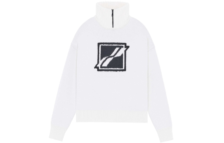 WE11DONE  White Half-Zip High Neck Wool Sweater with Logo Patch. WD-KO3-21-603-U-WH