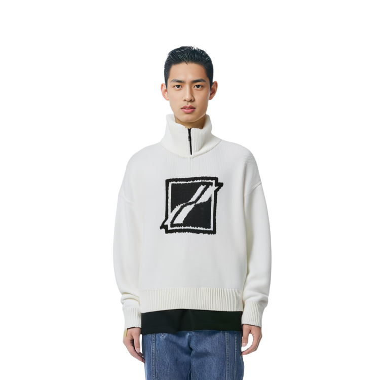 WE11DONE  White Half-Zip High Neck Wool Sweater with Logo Patch. WD-KO3-21-603-U-WH 圖 4