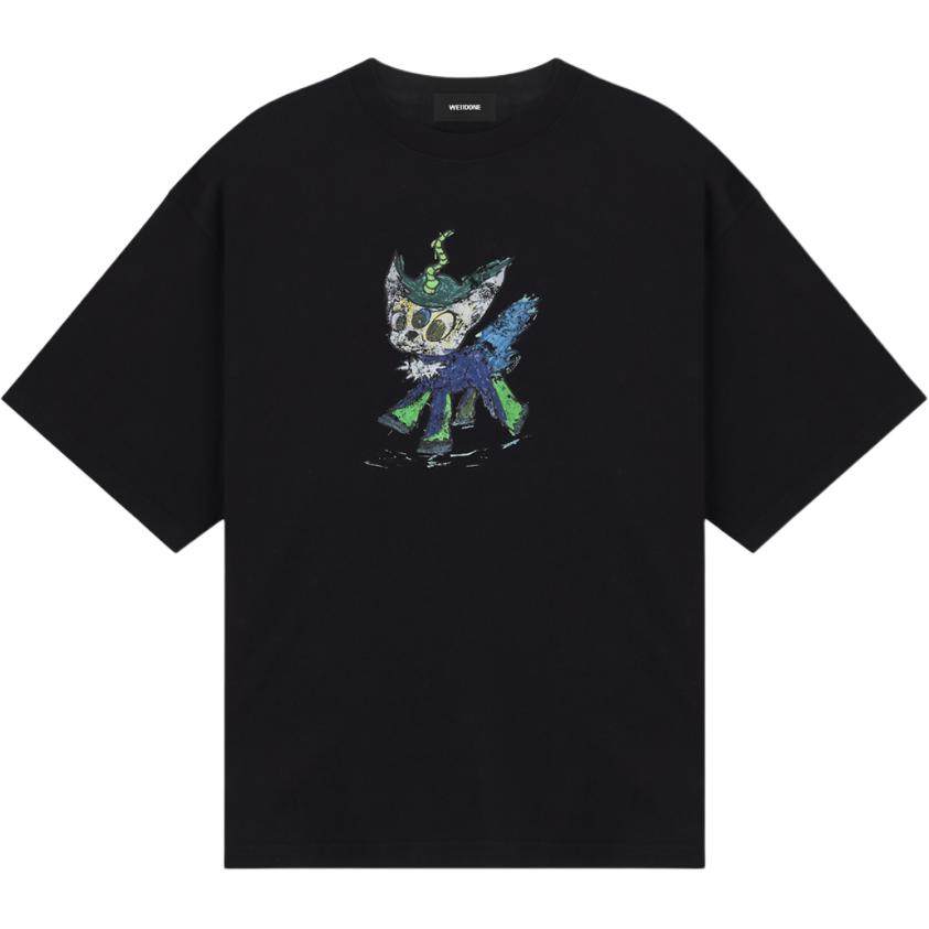 WE11DONE Black Cartoon Graphic Oversized Embroidered Unisex T-Shirt. WD-TT0-25-744-U-BK