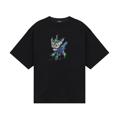 WE11DONE Black Cartoon Graphic Oversized Embroidered Unisex T-Shirt. WD-TT0-25-744-U-BK