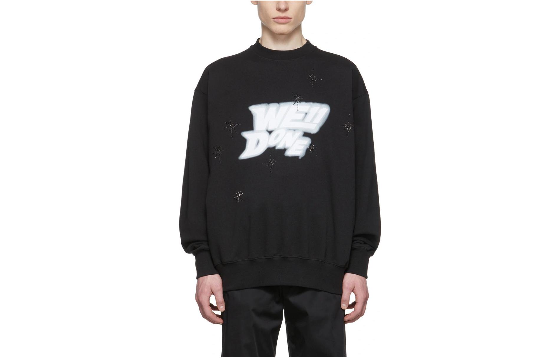 WE11DONE Black Crewneck Pullover Sweatshirt with Letter Print Long Sleeve 221327M204034