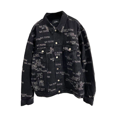 WE11DONE Black Denim Jacket with All-Over Irregular Letter Print Unisex WD-DJ6-20-061-U-BK